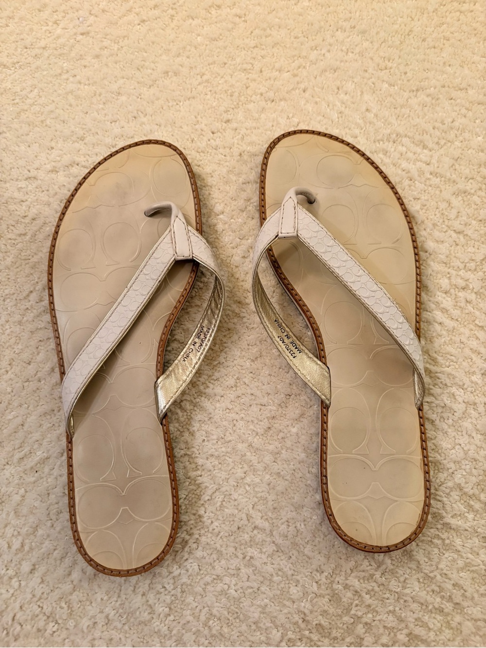 Coach White and Metallic Gold Trim Leather Thong Sandals